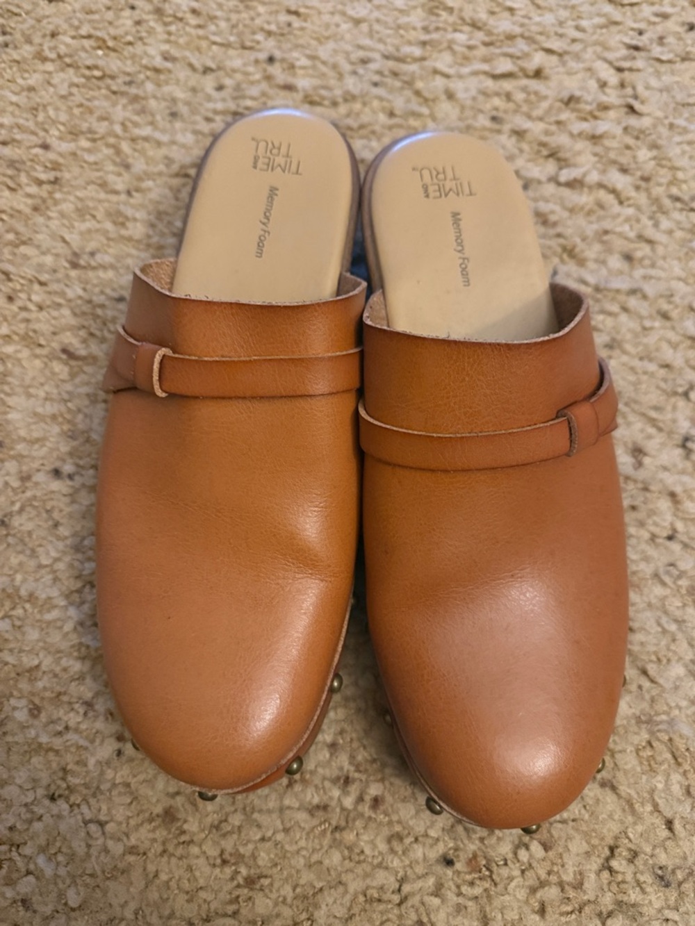 Time and Tru Tan Leather-Look Slip-On Mules